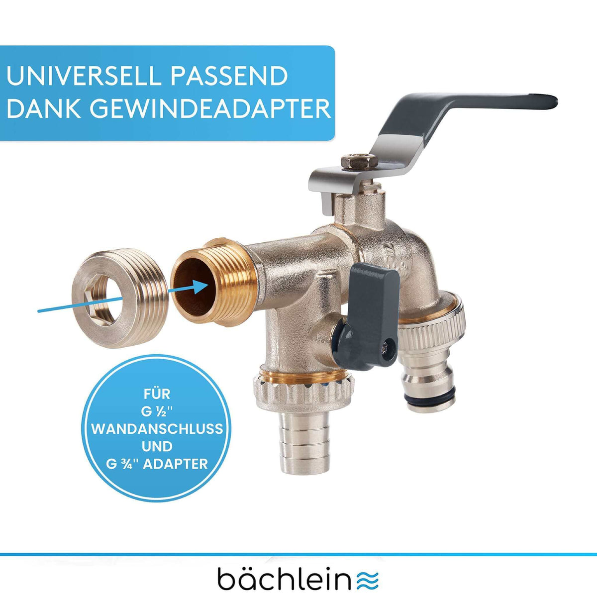 Doppel-Wasserhahn Garten - mit 1/2 Zoll Anschluss und 3/4 Zoll Adapter Bächlein