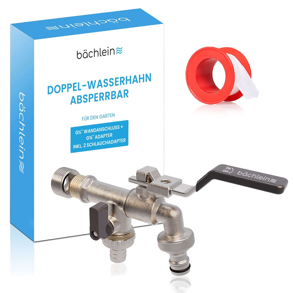 Doppel-Wasserhahn Garten - absperrbar - mit 1/2 Zoll Anschluss und 3/4 Zoll Adapter Bächlein
