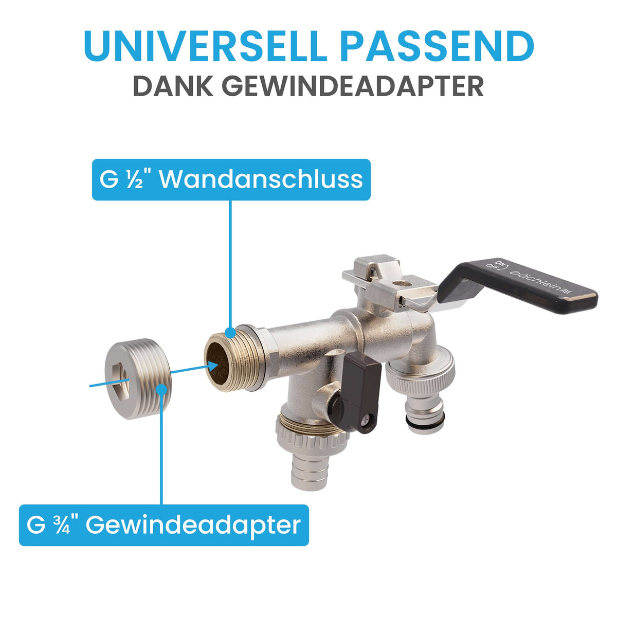 Doppel-Wasserhahn Garten - absperrbar - mit 1/2 Zoll Anschluss und 3/4 Zoll Adapter Bächlein