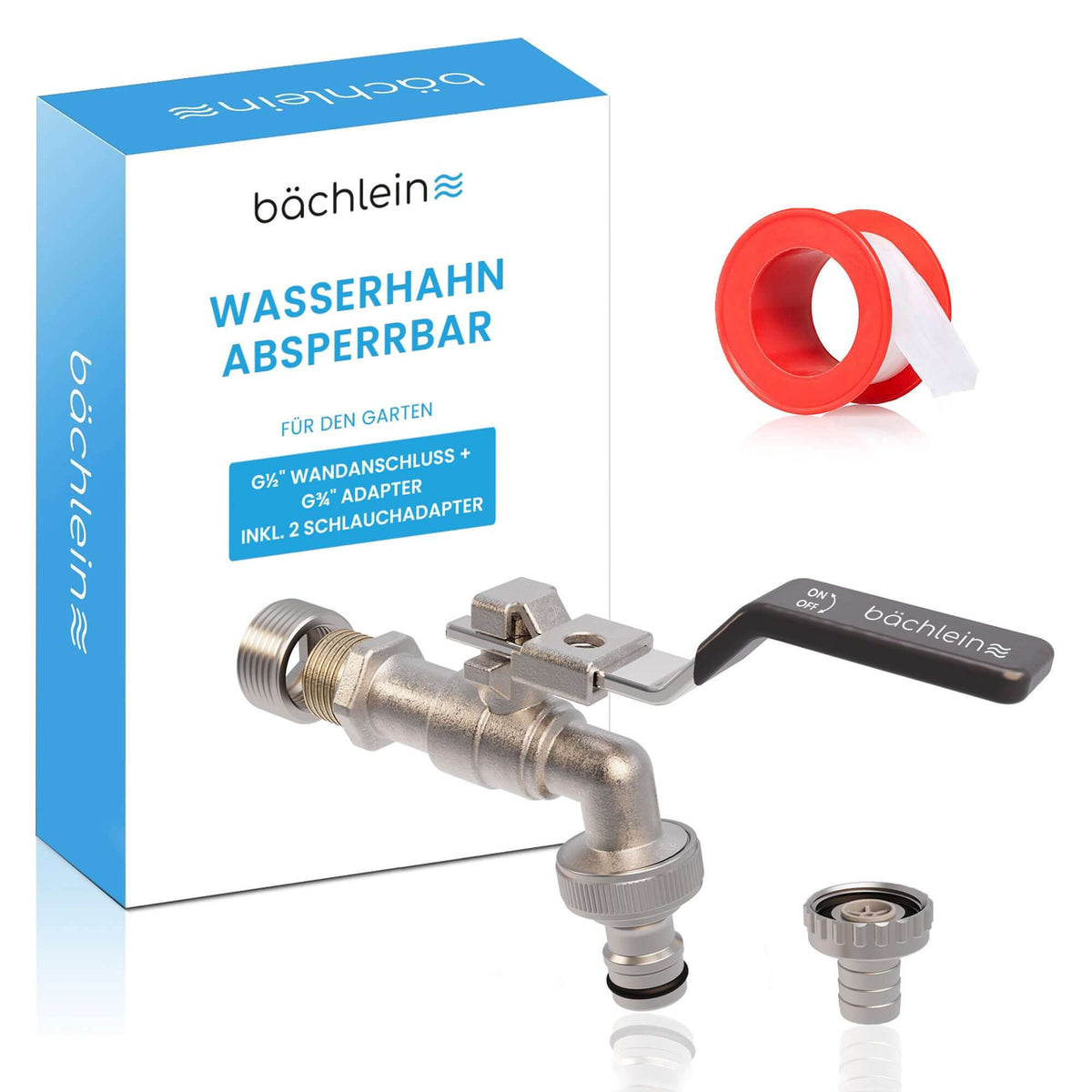 Wasserhahn Garten - absperrbar - mit 1/2 Zoll Anschluss und 3/4 Zoll Adapter Bächlein