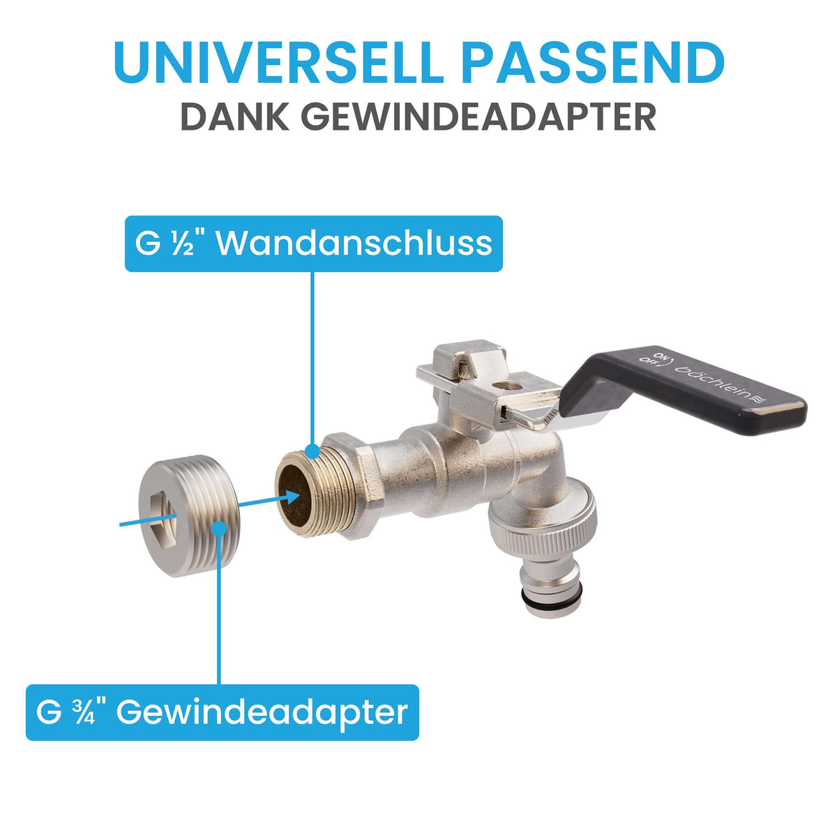 Wasserhahn Garten - absperrbar - mit 1/2 Zoll Anschluss und 3/4 Zoll Adapter Bächlein