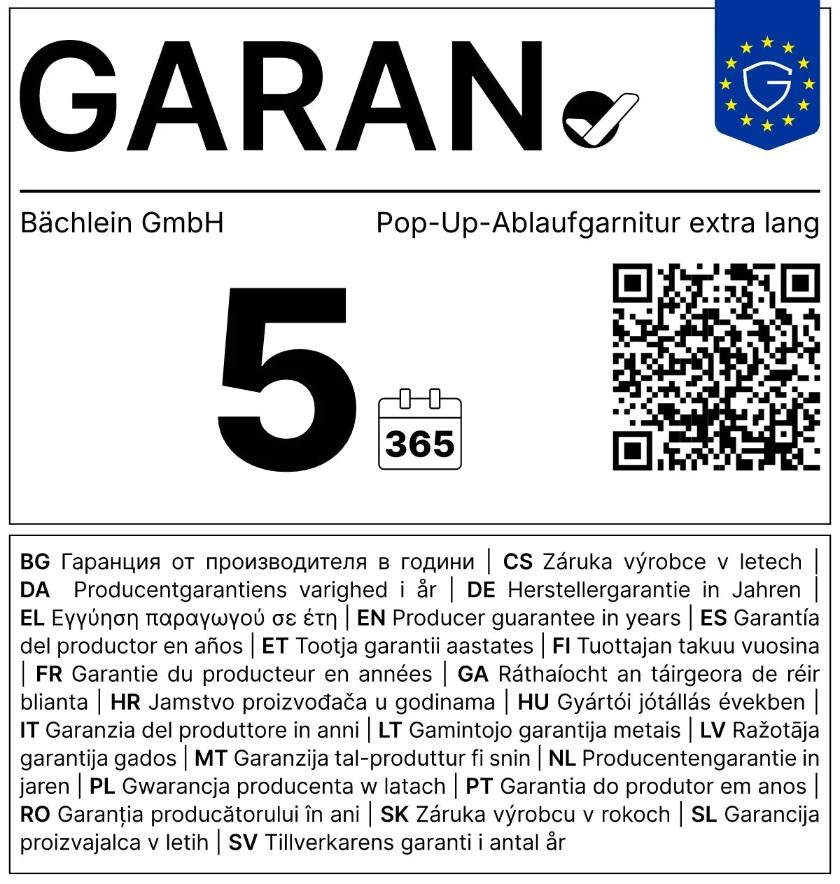 Freiwillige Herstellergarantie — Pop-Up-Ablaufgarnitur extra lang — Chrom glänzend