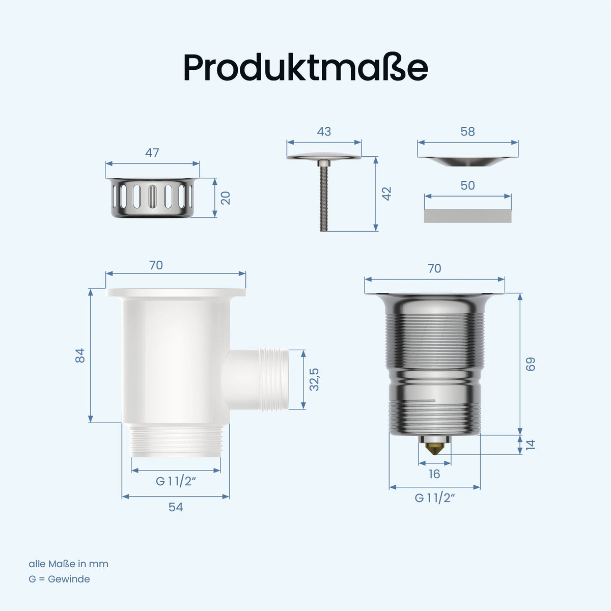 ⌀ 70 mm Pop-Up-Ablaufgarnitur Spüle