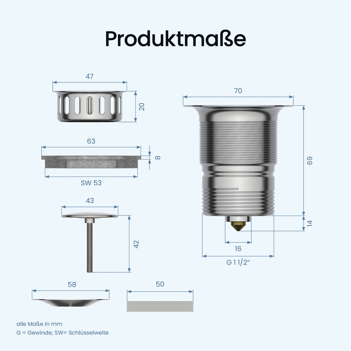 ⌀ 70 mm Pop-Up-Ablaufgarnitur Spüle