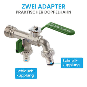 Doppel-Wasserhahn Garten - mit 1/2 Zoll Anschluss und 3/4 Zoll Adapter Bächlein