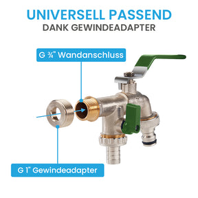 Doppel-Wasserhahn Garten - mit 1/2 Zoll Anschluss und 3/4 Zoll Adapter