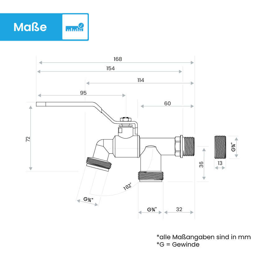 Doppel-Wasserhahn Garten - mit 1/2 Zoll Anschluss und 3/4 Zoll Adapter Bächlein