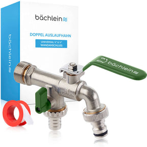 Doppel-Wasserhahn Garten - mit 1/2 Zoll Anschluss und 3/4 Zoll Adapter Bächlein