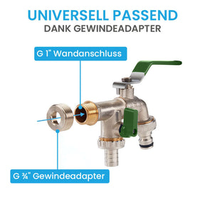 Doppel-Wasserhahn Garten - mit 1/2 Zoll Anschluss und 3/4 Zoll Adapter Bächlein