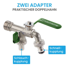 Doppel-Wasserhahn Garten - mit 1/2 Zoll Anschluss und 3/4 Zoll Adapter Bächlein